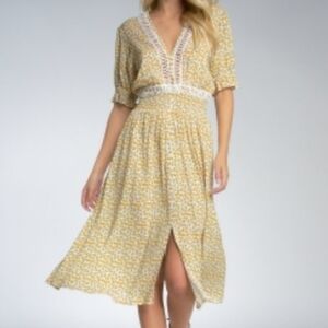 Elan Daisy Yellow Floral Crochet Trim Midi Dress